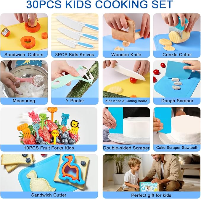 30 Pieces Montessori Kitchen Tools-Kids Cooking Sets Real-Toddler Knife Set for Real Cooking-Toddler Utensils with Safe Knives Crinkle Cutter Cutting Board
