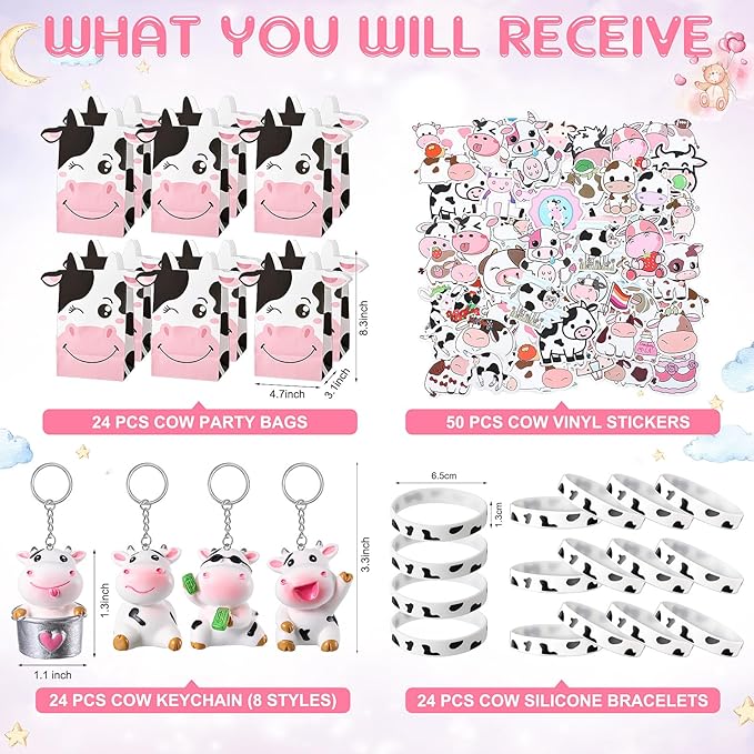 86 Pcs Cow Party Favors Supplies Include Cow Keychains Cow Silicone Bracelets Cow Party Paper Bags Treat Bags Cow Vinyl Stickers for Girls Kids Cow Farm Animals Cowboy Birthday Party Supplies