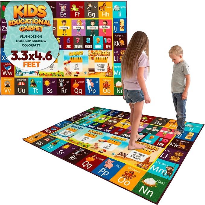 Educational Rug – Non-Slip ABC Carpet for Kids Room – 55" x 39" Soft Alphabet Kids Rug for Playroom, Daycare, Preschool, Classroom, Play Mat – Childrens ABC Mat with Letters Numbers Animals Months