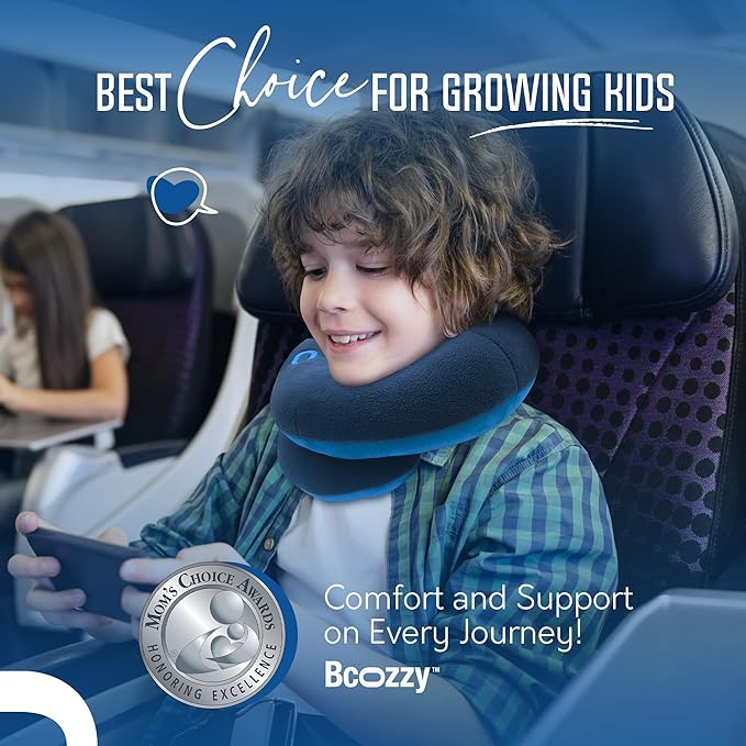 BCOZZY Kids Chin Supporting Travel Pillow for Ages 8–12- Patented Soft Neck Pillow for Head and Chin Support in Car Seat and Airplane. Comfortable Travel Essential. Medium Size, Bag, Light Blue