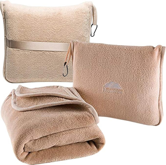 BlueHills Premium Soft Travel Blanket Pillow Airplane Blanket Packed in Soft Bag Pillowcase with Hand Luggage Belt Backpack Clip Compact Pack Large Portable Flight Throw Beige T005