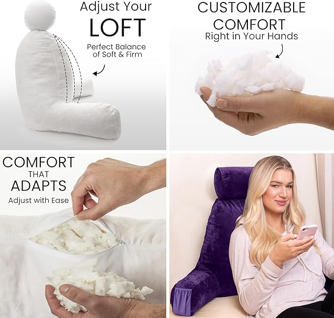 Husband Pillow Medium Purple, Backrest for Kids, Teens, Petite Adults - Reading Pillows with Arms, Adjustable Loft, Plush Memory Foam, Bed Rest Chair for Sitting Up, Detach Neck Roll, Removable Cover
