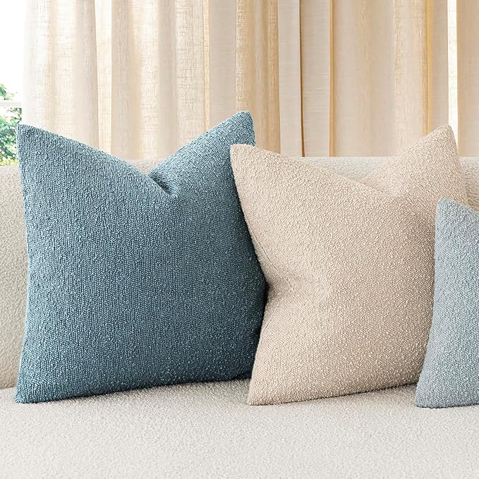 Foindtower Pack of 2, Decorative Textured Boucle Throw Pillow Covers Accent Solid Pillow Cases Soft Cozy Couch Cushion Case for Chair Sofa Bedroom Living Room Home Decor 16x16 Inch Misty Blue