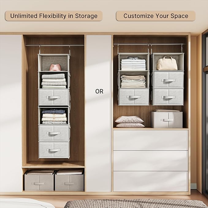 Vailando 6-Shelf Hanging Closet Organizer with 3 Drawers, 2 Separable 3-Shelf Closet Organizers and Storage for Wardrobe Organization, Hanging Dresser for Nursury & Dorm Clothes Organizer