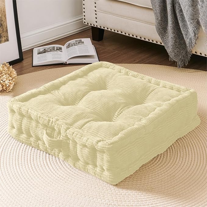 Wellsin Square Floor Pillows for Adults Kids - Meditation Floor Pillow Seating Cushion - Tufted Floor Cushion with Shredded Foam & Velvet Cover, 1 Pack, 20x20 Inch, Beige