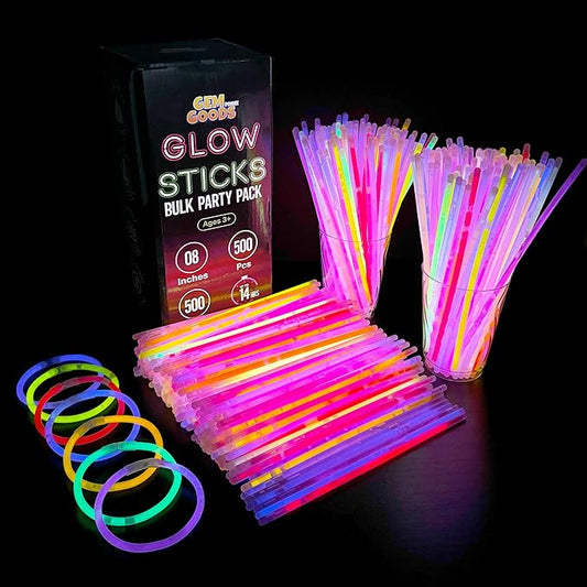 500 Pcs Glow Sticks Bulk Party Pack – 8” Neon Glow-in-the-Dark Bracelets & Necklaces for Kids & Adults - Party Supplies & Decorations for Halloween, Christmas, Birthdays - 500 Connectors Included