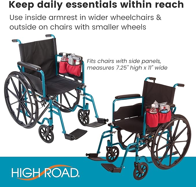 High Road Wheelchair Side Bag - Stretch Neoprene Walker Pouch with Insulating Cup Holder and 2 Storage Pockets