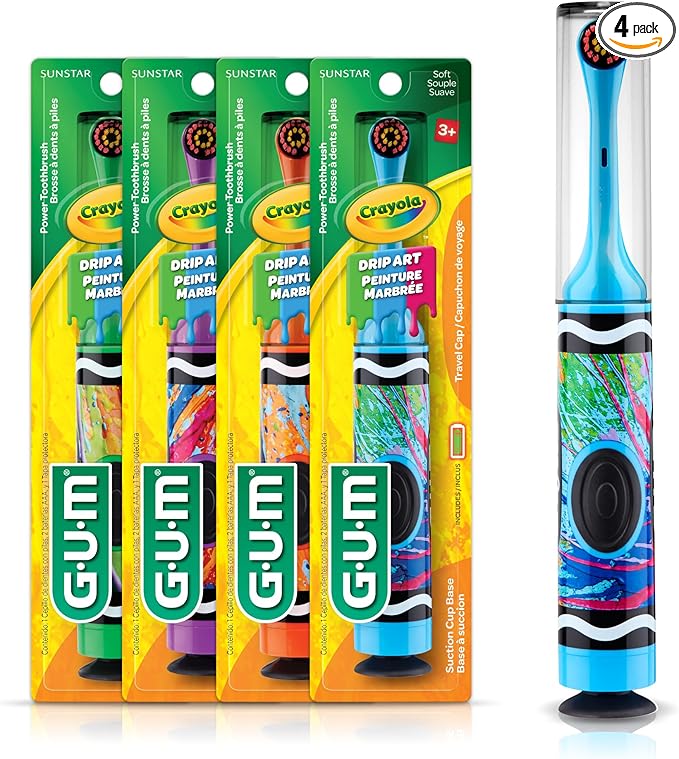 GUM Crayola Power Toothbrush for Kids, Extra Soft Bristled Toddler Toothbrushes, Travel Cap + Suction Cup Base, Batteries Included, 1ct (4pk)
