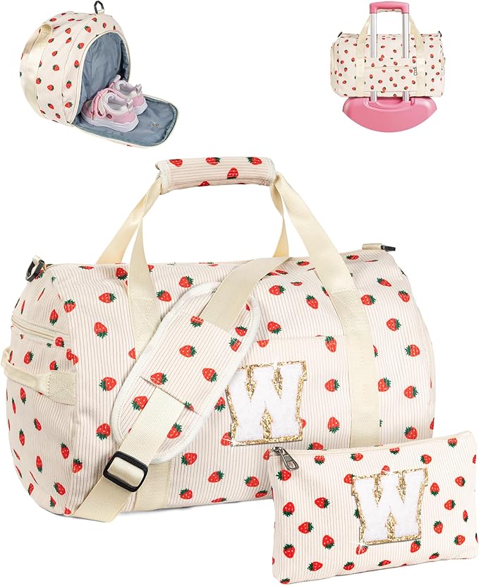 Sweet 16 Gifts, Girls Gym Bag, Kids Personalized Weekend Duffel Bags with Shoe Compartment, Initial Travel Tote with Makeup Bag, Gift for Ballet Dance Gymnastics Girl (Letter W)