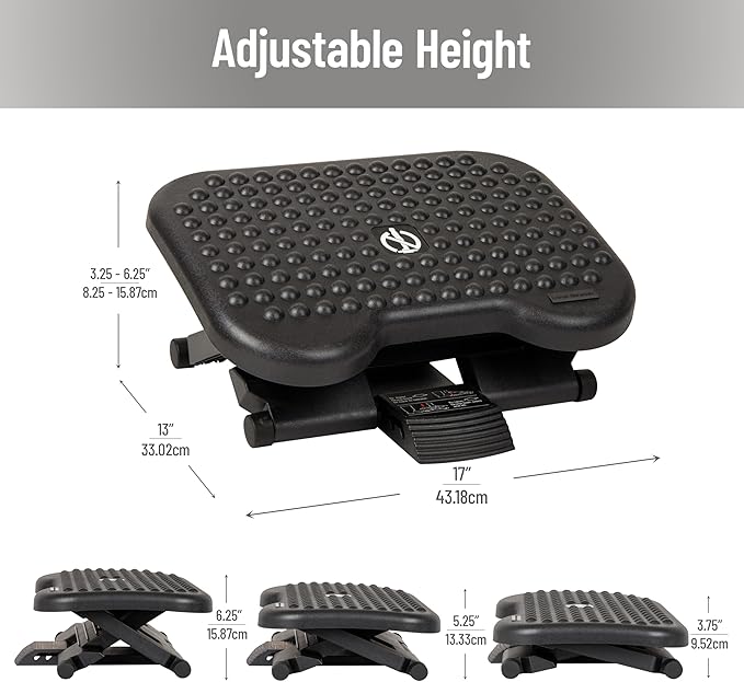 Mind Reader Foot Rest, Under Desk at Work, Ergonomic, Height Adjustable, Office, Plastic, 17" L x 13" W x 6.25" H, Set of 2, Black