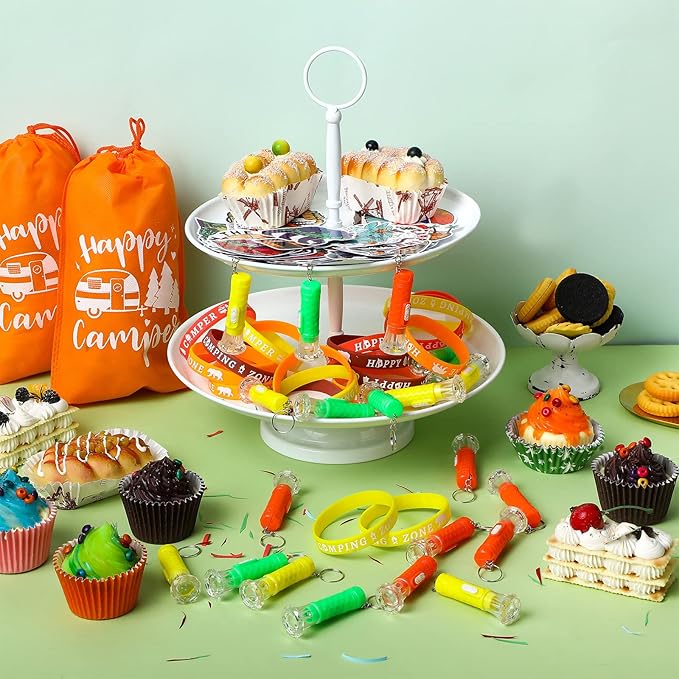 Camping Party Favors Camp Party Gifts Include Camping Themed Silicone Bracelet Mini Flashlight Keychain Assorted Camping Sticker and Gifts Drawstring Bags Camping Party Supplies for Kids (220 Pieces)