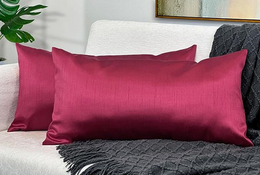 Aiking Home 12x24 Inches Faux Silk Rectangular Throw Pillow Cover, Zipper Closure, Burgundy (Set of 2)