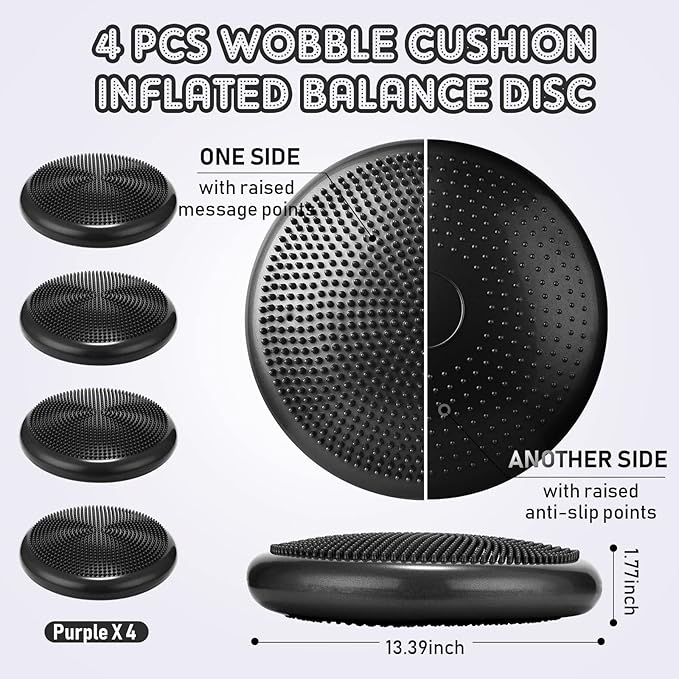 Jerify 4 Pcs Wiggle Seat Flexible Inflated Wobble Cushion Stability Balance Pad Balance Disc Sensory Seat for Men Women Fitness Physical Exercise Improving Posture Home Office