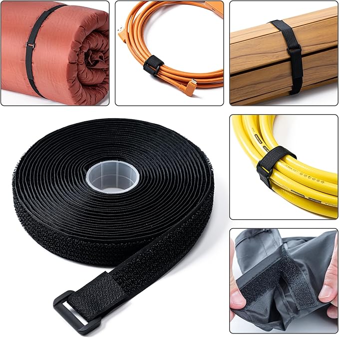 0.8" x32Ft Hook and Loop Straps with 50 Plastic Buckles, Adjustable Fastening Cable Straps, Free Cut Length, Reusable Nylon Cable Ties for Organizer or Storage, Black