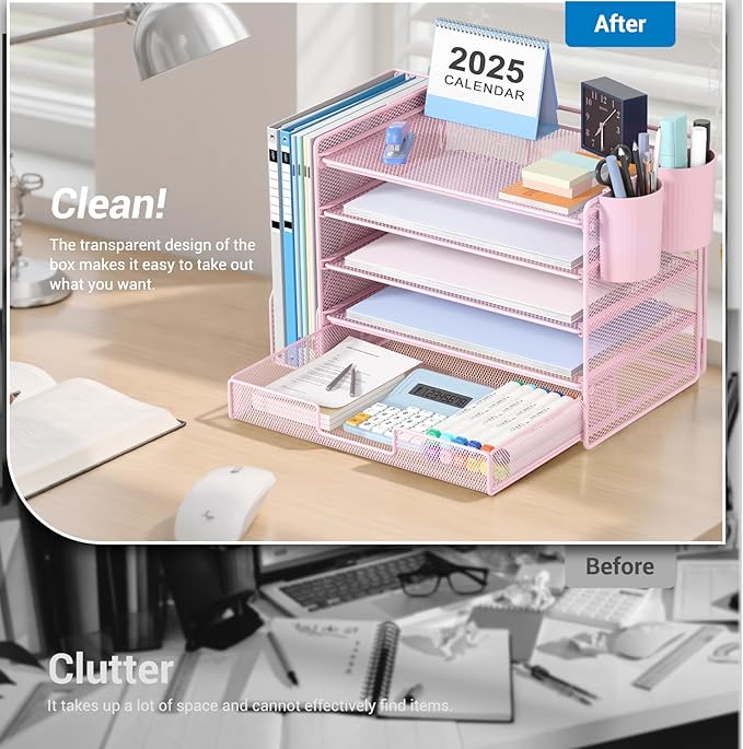 OPNICE Desk Organizer, 5-Tier Paper File Organizer with Drawer & Pen Holder, Office Desk Accessories, Workspace Desktop Organizer for Office Supplies(Pink)