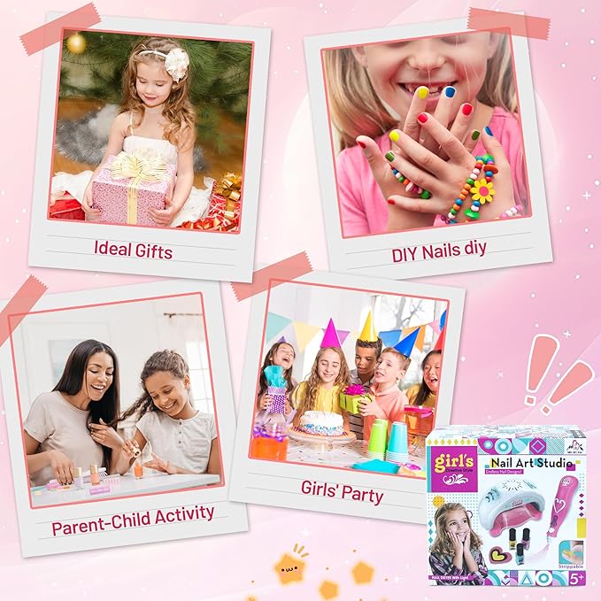 Kids Nail Polish Set for Girls Ages 5-12 Years Old, All-in-One Nail Art Kit with Nail Dryer/Glitter Pen/Nail Polish/Glitter Powder/Toe Separator/File, Toys Gifts for Girl 5 6 7 8 9 10 11 12