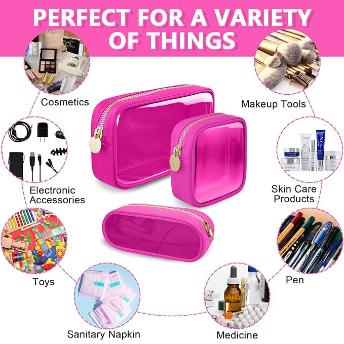 Clear Small Makeup Bag with Zipper, Nylon&PVC Cosmetic Travel Bag Preppy TSA Approved Toiletry Bag for Women Girls, Transparent Waterproof Makeup Pouches Cute Travel Bag for Purse(Small-Hot Pink)