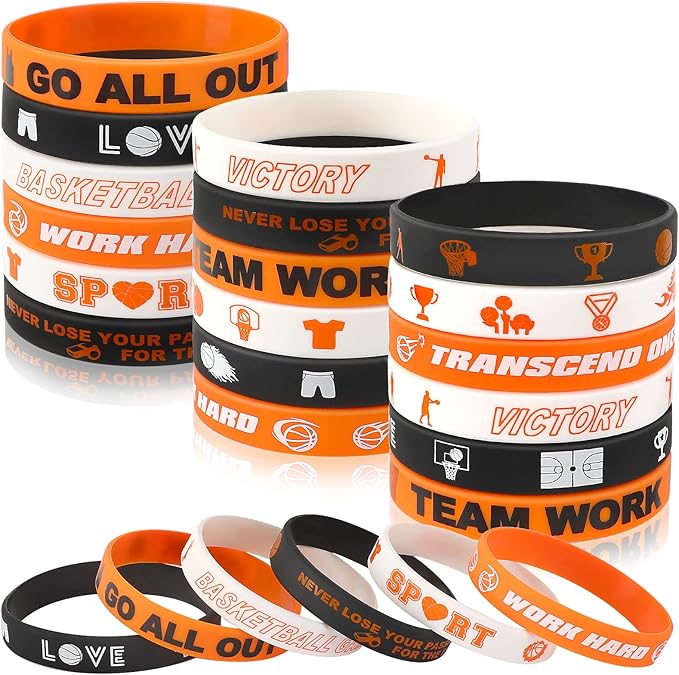 JUNEBRUSHS Basketball Motivational Silicone Wristband, 42PCS Basketball Party Favors Rubber Bracelets for Sports Gifts Sports Prize Party Decorations Rewards Supplies (6 Designs)