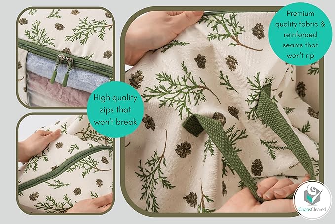 Canvas Storage Bags Designer Organizer 2 Pack – Seasonal Storage for Sweaters, Blankets, Linens & Garments – Foldable Design with Zip & Window, Moth-Proof Space Saver, Mistletoe Print