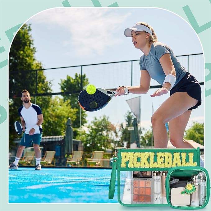 BuyCard 2 Pcs Pickleball Gifts Cosmetic Makeup Bag with Chenille Letter Patch, Clear Pouch PVC Organizer Purse, Waterproof Travel Bag, Portable Toiletry Storage Bag for Her Girls Friends Women