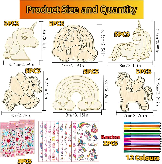398 Pcs Unicorn Crafts, Wooden Painting Crafts for Kids, Wooden Crafts With 30 Wooden Blocks 354 Rhinestones 12 Color Pens 2 Stickers, Kids Crafts, DIY Crafts and Birthday Party Gifts for Kids