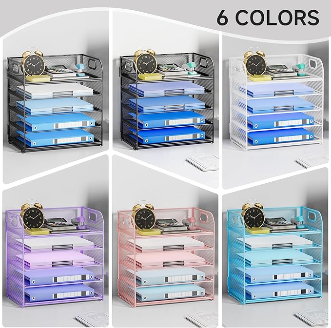5-Tier Stackable Paper Organizer with Handle, Gray Metal Mesh Letter Tray | Modern Desk File Sorter for Office, Home & Classroom Organization