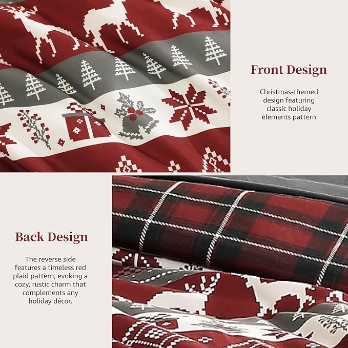 MaiRêve Christmas Full Comforter Sets, Red Reindeer Snowflake Bed Set for Holiday, Reversible Plaid Checkered Comforter Bed in a Bag, Soft Bedding Set 7 Pieces with Sheets, Pillowcases & Shams
