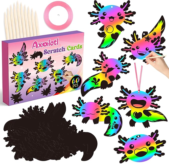 B1ykin 60Pcs Axolotl Scratch Card Gifts Ornaments Set, DIY Magic Axolotl Scratch Cards Craft Kit for Kids, Black Hanging Tags Party Favors for Birthday School Classroom Art Activity