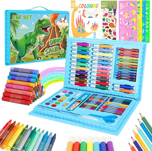 homicozy Art Supplies, Dinosaur Drawing & Coloring Set with Crayons, Colored Pencils, Markers, Sketchbook, Watercolor Cakes, Stencils, Arts and Crafts Painting Kit for Kids Ages 4-10, Girls Boys Gift
