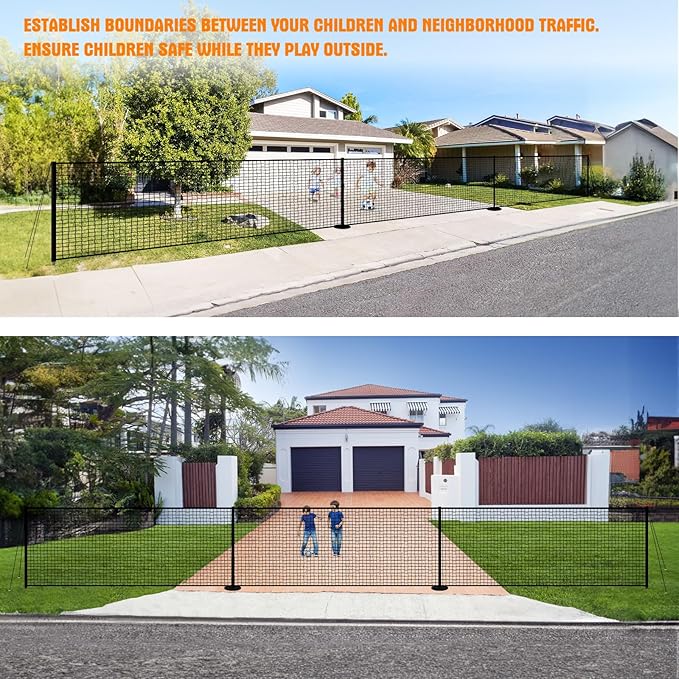 40FT x 5FT Driveway Safety Net Fence, Outdoor Yard Play Area Safety Barrier for Kids| Heavy Duty Steel Poles & Net, Not Fall Down Easily | Guard Net Length Adjustable, Easy to Recycle and Install