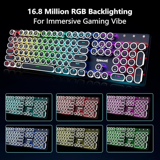 Redragon Typewriter Keyboard Wireless, Mechanical Gaming Keyboard, Bluetooth/2.4Ghz/Wired, RGB LED Backlit, Rechargeable, Blue Switch - Clicky, Solid Metal Panel, Round Keycaps, Black