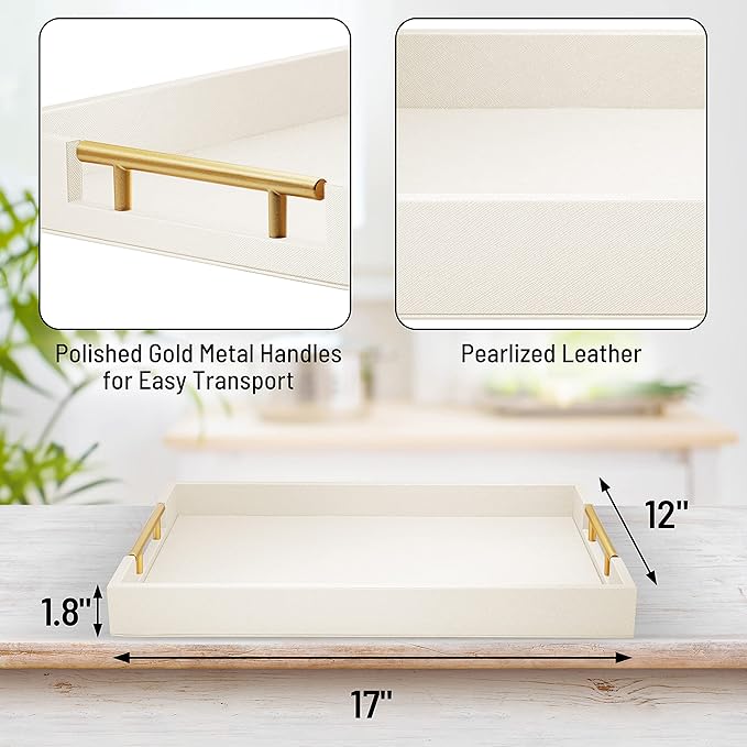 ATZYmolin 17" x 12" Wood Serving Tray with Gold Polished Metal Handles, Home Decorative Wooden Rectangle Ottoman Leather Decor Platter Bathroom Vanity Tray for All Occasions White
