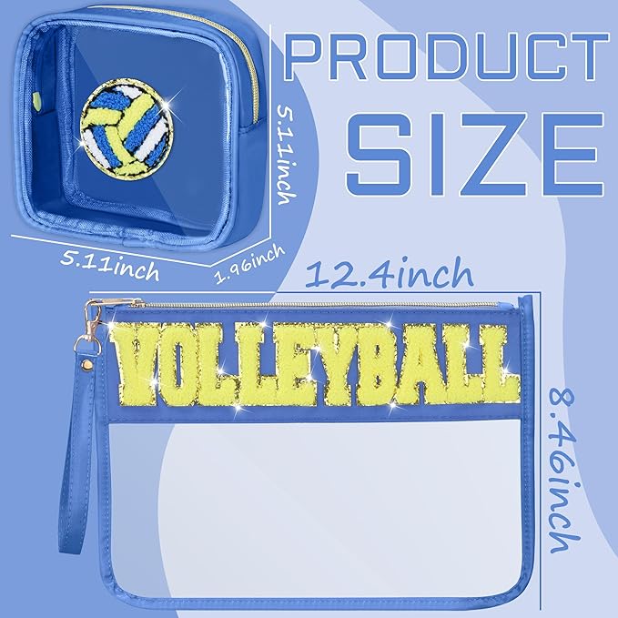 BuyCard 2 Pcs Volleyball Gifts Cosmetic Makeup Bag with Chenille Letter Patch, Clear Pouch PVC Organizer Purse, Waterproof Travel Bag, Portable Toiletry Storage Bag for Her Girls Friends Women