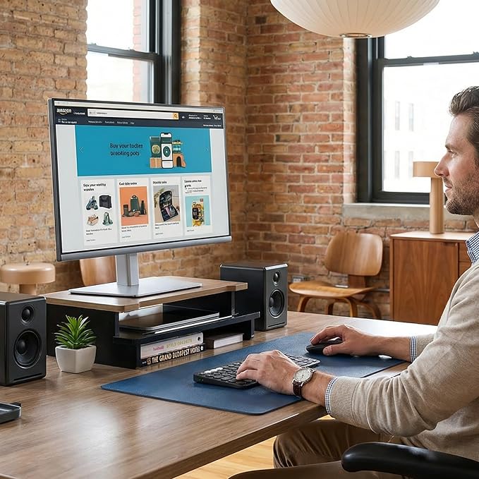 WELL WENG Monitor Stand Monitor Stand Riser for Desk,Wood Desk Shelf Storage Organizer with Phone Tablet Holder (16.5 Inch, Black & Dark Bamboo)