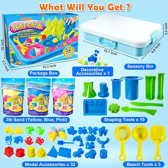 ESSENSON Sensory Bin - 52 PCS Play Sand Kit with 3lbs Magical Sand, Beach Toys Castle Molds Sand Molds, Sensory Toy Sandbox, Kids Gifts for Girls and Boys