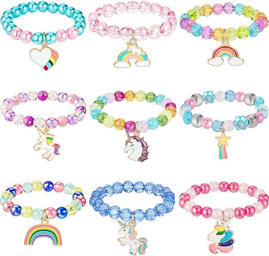 Hicarer 9 Pieces Unicorn Girls Bracelets for Toddler Little Girls Rainbow Bracelets Princess Colorful Cute Beaded Jewelry for Gift Goodie Bag Stuffers Birthday Party Favors(Elegant Style)