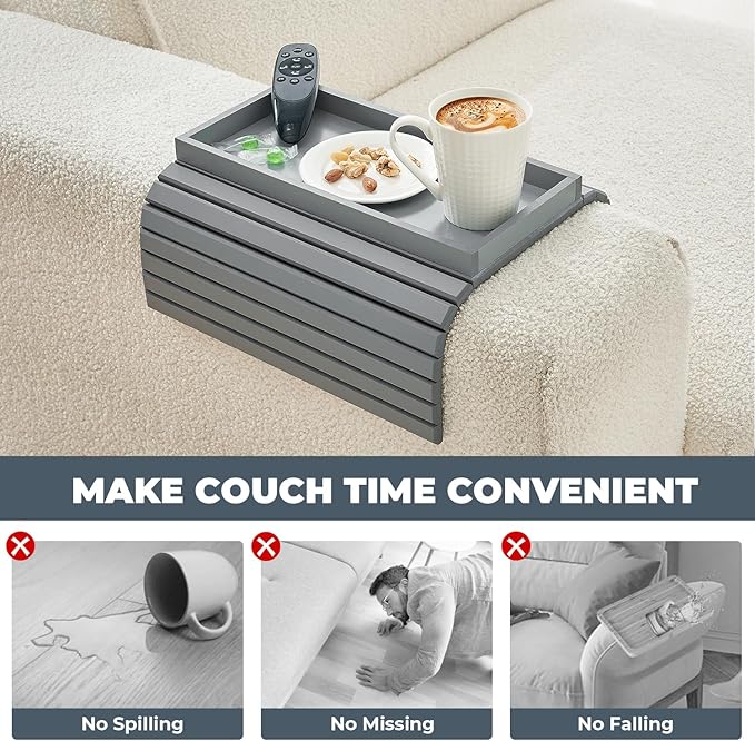 Bamboo Sofa Arm Tray, Anti Falling Couch Arm Tray Table, Foldable Couch Armrest Table, Portable Sofa Armrest Trays Cup Holder for Drink, Cups, Phone, Snacks, Remote