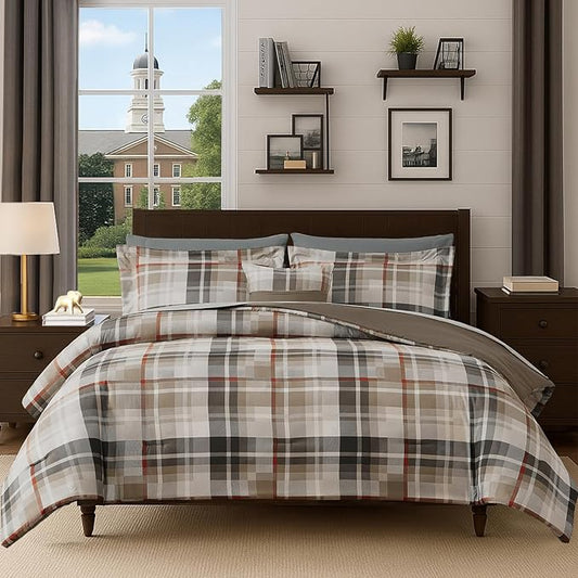 MaiRêve Plaid Queen Comforter Sets Khaki, Classic Farmhouse Bedding Set Bed in A Bag 7 Pieces, Lightweight All Season Comforter Set with Fitted & Flat Sheet, Pillowcases & Shams