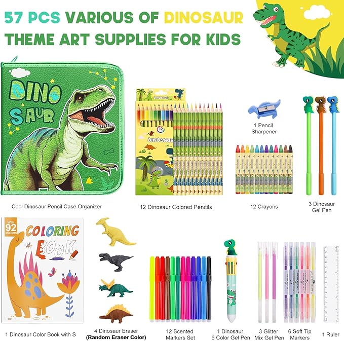 Fruit Scented Markers Set 57Pcs with Glitter Dinosaur Pencil Case & Stationery, Art Supplies for Kids Ages 4-6-8, Art Coloring Kits Box,Gifts Toy for Boys Age 5,7,Gel Pen,Pencil&Crayon Drawing Stuff