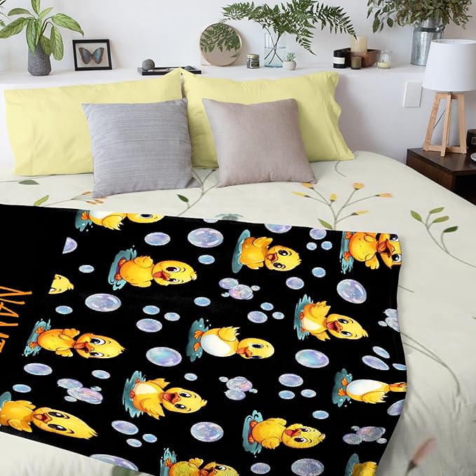 Custom Name Ducks And Bubbles Blanket Adult duck Blanket Kids Funny Blanket Suitable for Bedroom sofa Crib Couch Chair outdoor All Season Items That Yellow Duck Lovers Will Love 90”×120 ”for Family