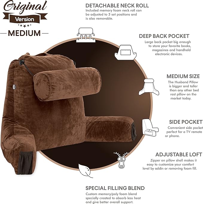 Husband Pillow Medium Chocolate, Backrest for Kids, Teens, Petite Adults - Reading Pillows with Arms, Adjustable Loft, Plush Memory Foam, Bed Rest Chair Sitting Up, Detach Neck Roll, Removable Cover