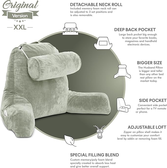 Husband Pillow XXL Reading Pillow for Bed Backrest with Arms - Desert Sage Adult - Unmatched Support Pillow for Sitting Up in Bed - Shredded Memory Foam Comfy Microplush Cover & Detachable Neck Roll