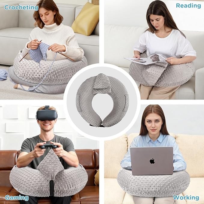 Crochet Lap Support Pillow - Multi-Purpose Reading Pillow for Gaming/Working/Nursing, with Removable Extra Back Pillow for Lumbar & Back Support, Enlarged U-Shape Gaming Lap Pillow, Grey