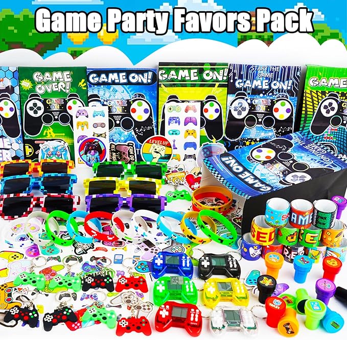 125Pcs Video Game Party Favors for Kids, with Goodie Bag Stuffers Includ Arcade Video Game Keychain Glasses Bracelets Stamps Tattoos Stickers etc, for Kids Boys Girls Birthday Party Favor Supplies