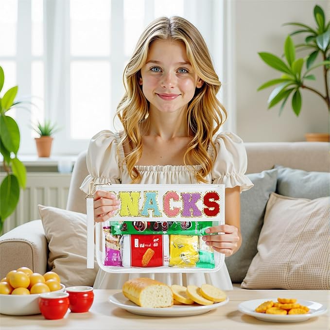 BuyCard Clear Snack Bag for Travel, Varsity Chenille Letter Patch Flat Pouch with Zipper, Preppy Makeup Bags, Waterproof PVC&PU Cosmetic Toiletry Bag for Women Girls, White