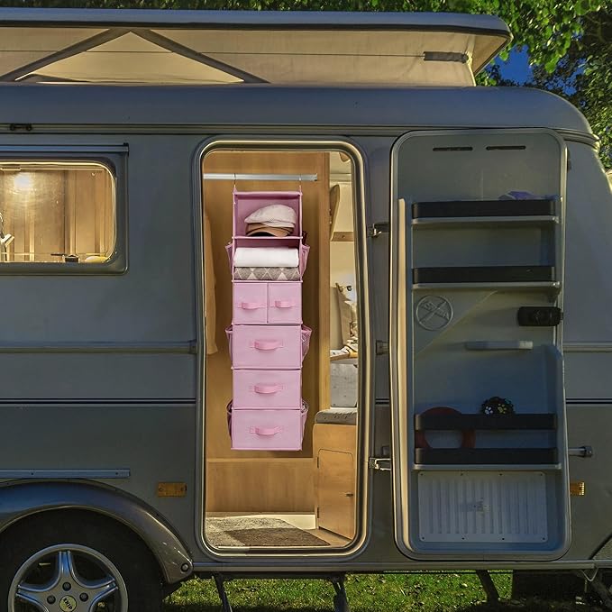 GRANNY SAYS Hanging Closet Organizers and Storage, 6 Shelves Closet Hanging Organizer with 6 Side Pockets, 5 Drawer Storage Organizer, Portable Hanging Shelves for Baby Closet, Pink Shelf