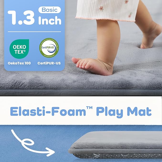 1.3" Thick Baby Floor Play Mat 50x74, Basic Padded Foam Mat for Tummy Time Crawling, Non Slip Cushioned for Babies Toddlers Infants Kids (Light Grey)