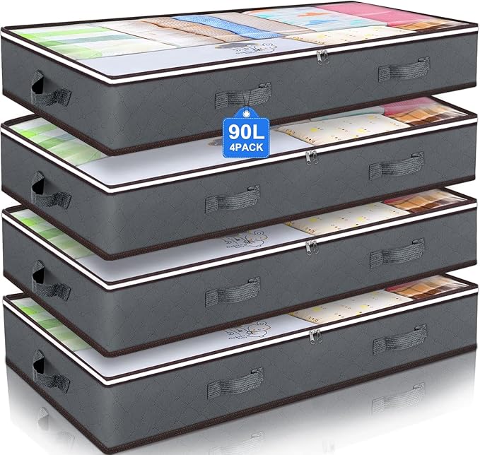 Budding Joy 90L Under Bed Storage Containers, Closet Organizers and Storage Bins, Foldable Underbed Storage Bags for Wrapping Paper, Blanket, Clothing, Comforter, Sweaters, Pillows, Linen Sheets, Grey