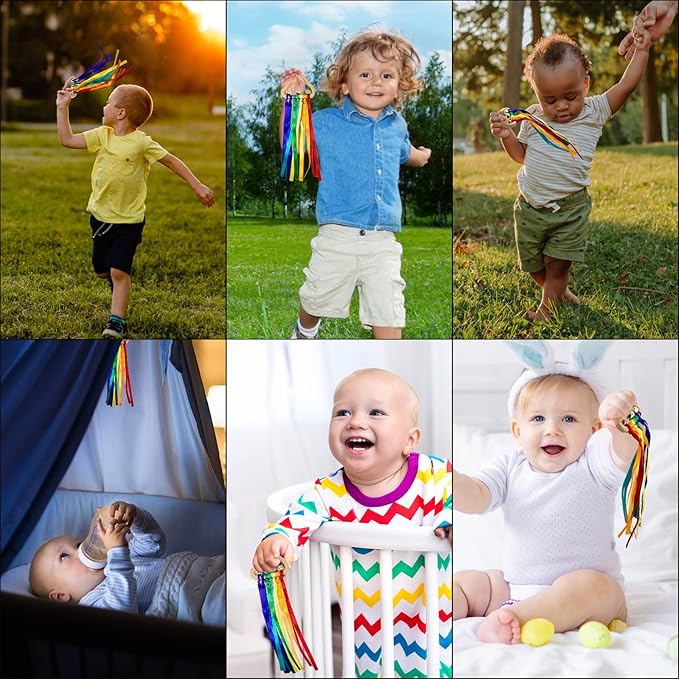 2pcs Baby Natural Wood Bracelet with Bell Rainbow Ribbon Sensory Toy- The Best Sensory Toys for Audiovisual and Motor Development, Encourages Parent-Child Interaction, for Babies Aged 3-24 Months