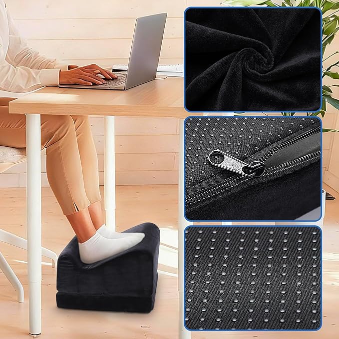Foot Rest for Under Desk at Work, Foot Mat with Cover for Office Home Chair Sofa, Comfortable Footrest with Adjustable Height, High-Density Foam Leg Elevation Pillow to Relieve Back/Knee Stress, Black